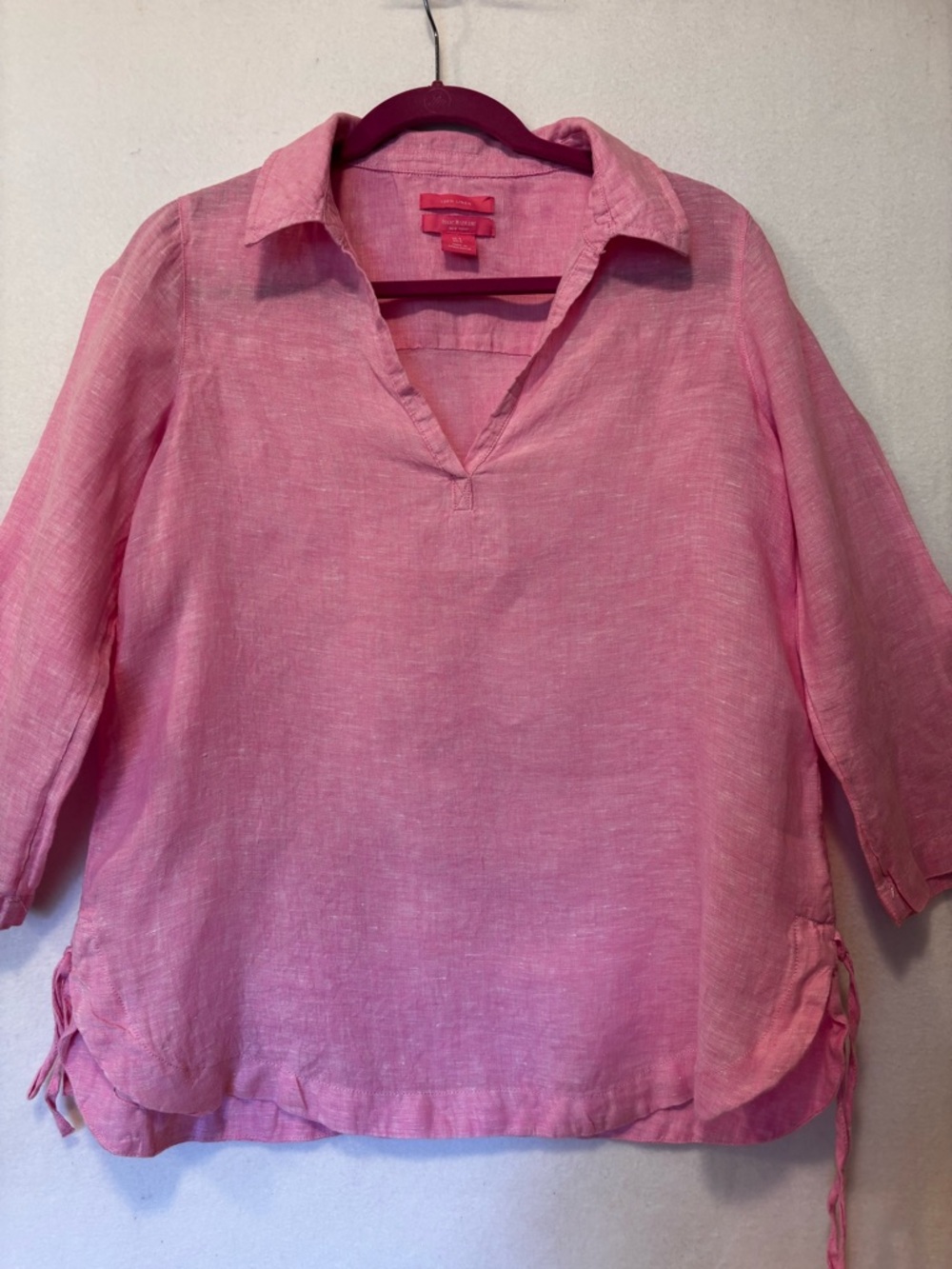 Isaac‎ Mizrahi Pink Linen Blouse S Tie Hem 3/4 Sleeve Lightweight